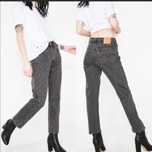 NEW LEVIS 501 Original Cropped Studded Black High Rise Straight Denim Jeans 25